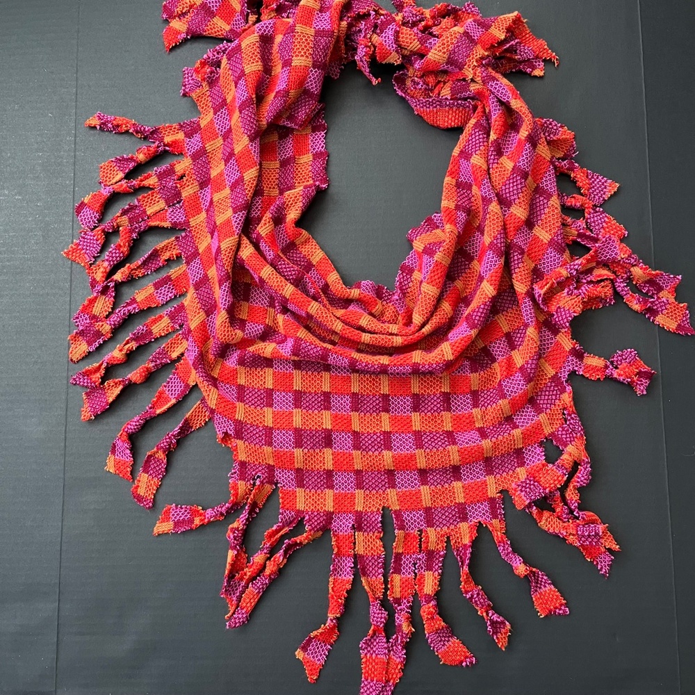 ❤️ Handmade Plaid Fringe Scarf Orange Purple Checkered Triangle Bandana Wrap - Picture 3 of 7